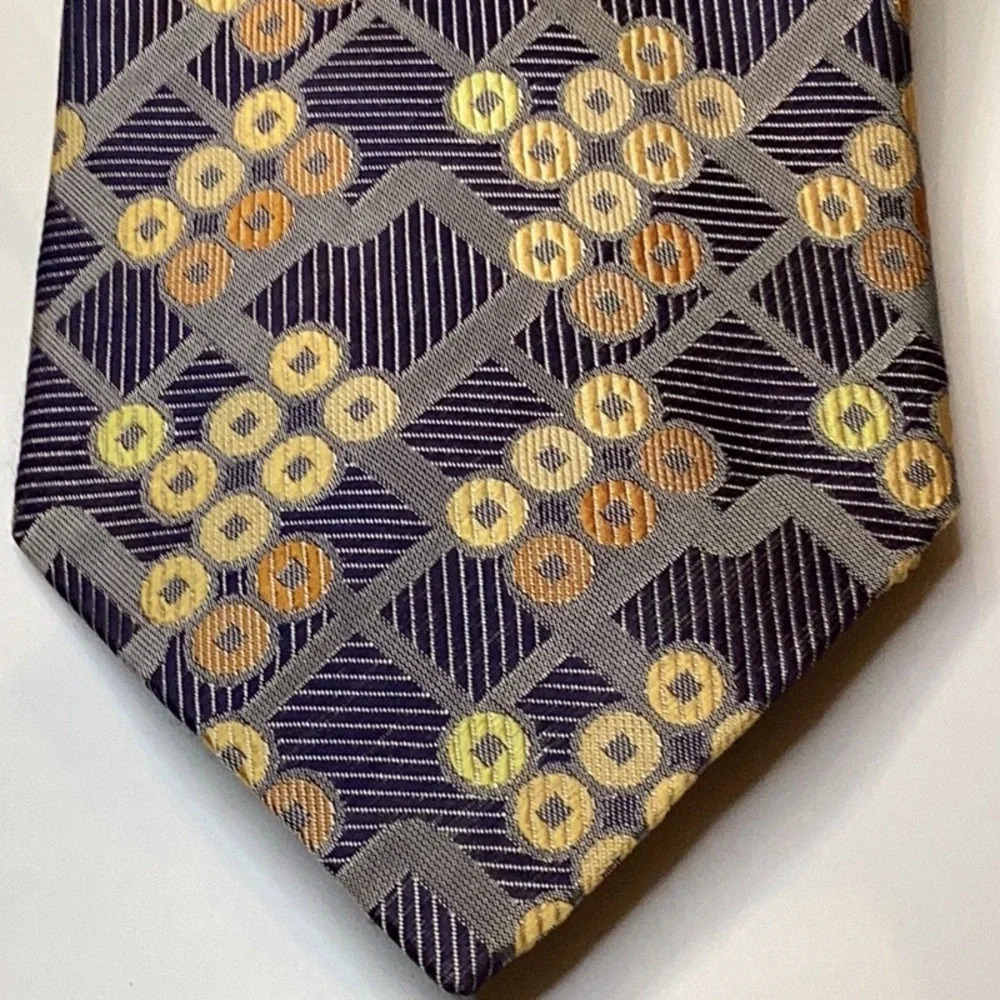 Enrico Venture Italian Blue 100% Silk Tie with Yellow & Orange Circle Print
